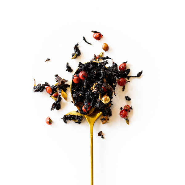 Chai tea from black tea, ginger, cloves, dorigio pepper, pepper berries, cinnamon, fennel, and cardamon