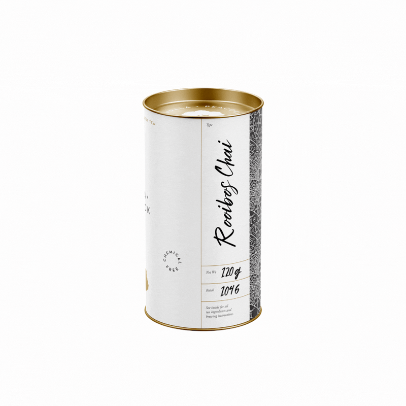 retail tea canister of rooibos chai