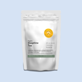 A stand-up pouch of Organic Sleeptime Tea by Impala & Peacock on a light blue background. The pouch is white with a gold circular logo and black text.