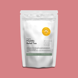 A white stand-up pouch of Organic Mastitis Relief Tea with a yellow circular logo and black text, centered on a solid pink background.