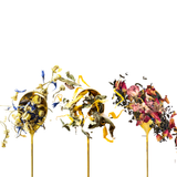 Three gold metal spoons filled with dried botanical ingredients, including coconut mint, blue flowers, and pink rose petals, set against a solid white background.