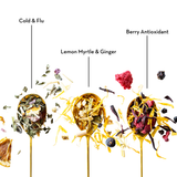 cold and flu tea, lemon myrtle ginger tea, berry antioxidant tea on spoons
