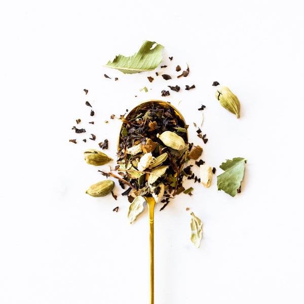 Australian chai tea, Australian black tea, pepper berries, aniseed myrtle, cinnamon myrtle, roasted wattleseed, ginger, cinnamon, and cardamom