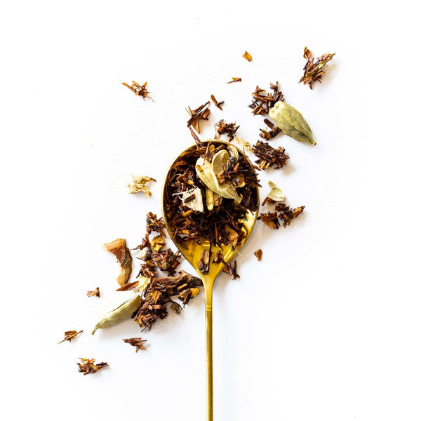 A rooibos chai, ginger, cloves pepper berries, cinnamon, fennel, and cardamon