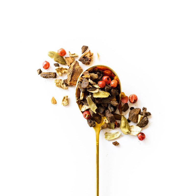 wattleseed chai from rooibos, ginger, cloves, dorigio pepper, pepper berries, cinnamon, fennel, and cardamon