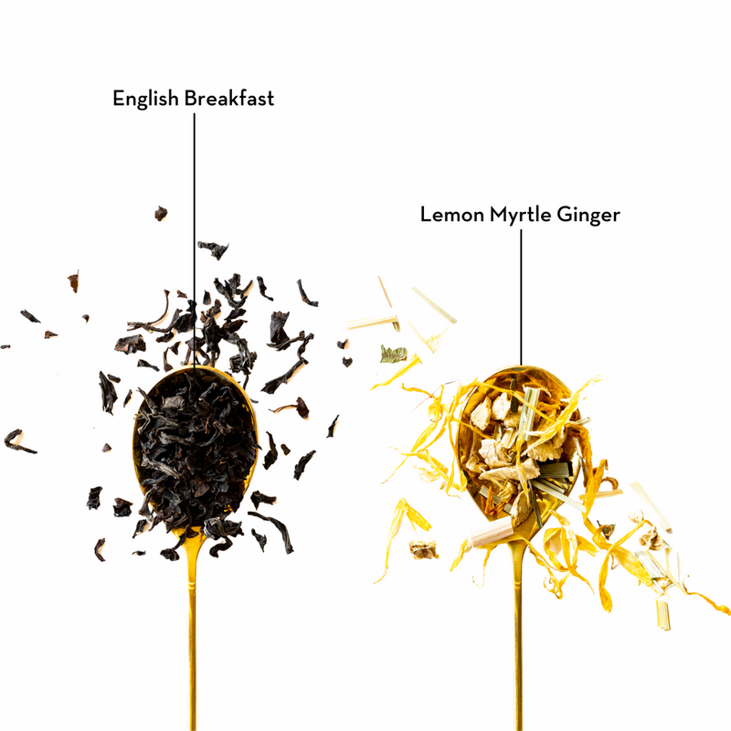 English breakfast tea and lemon myrtle ginger tea
