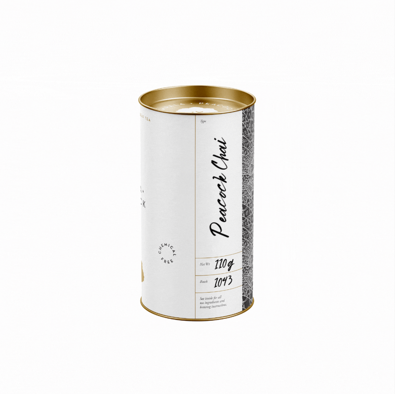 retail tea canister of peacock chai tea